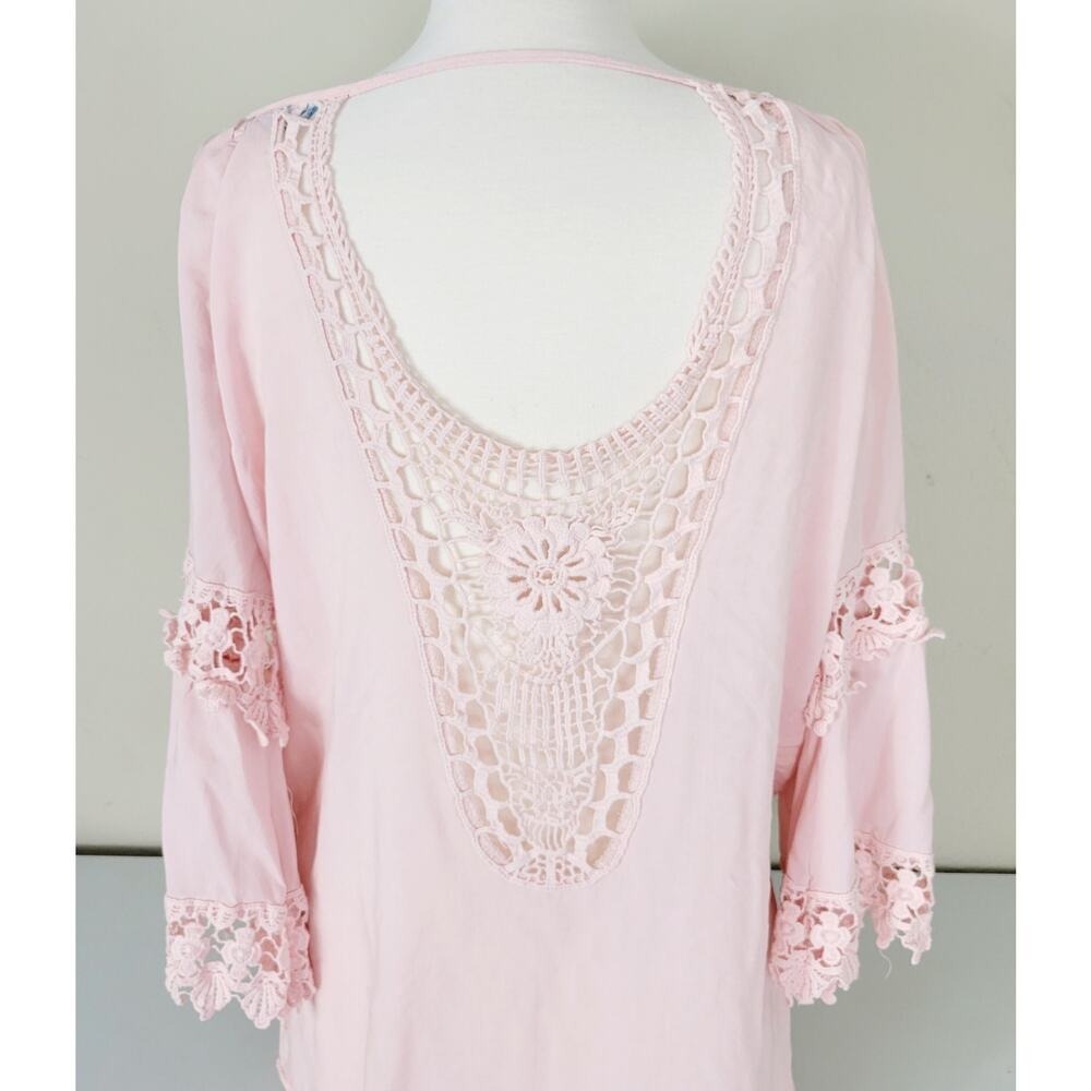 Blue Island Pink Crochet Lace Trim‎ Bell Sleeve V Neck Swim Cover Up Top M
